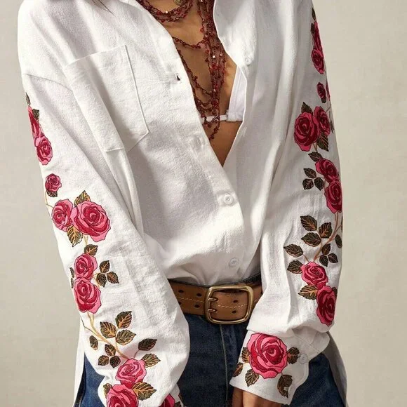 White Casual Women's Boho Woven Relaxed Asymmetrical Hem Long Sleeve Shirt - Picture 4 of 7